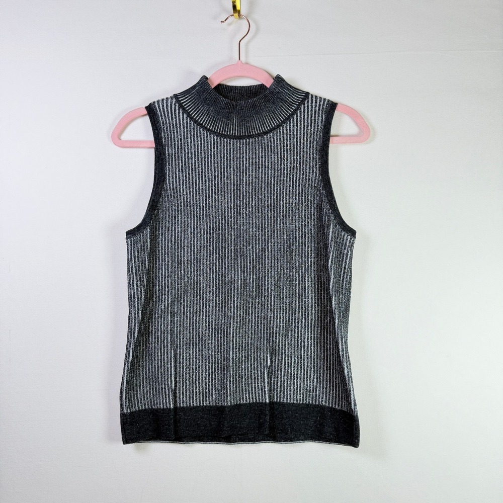 DKNY JEANS Black Gray Ribbed Mock Neck Sleeveless Knit Top Large